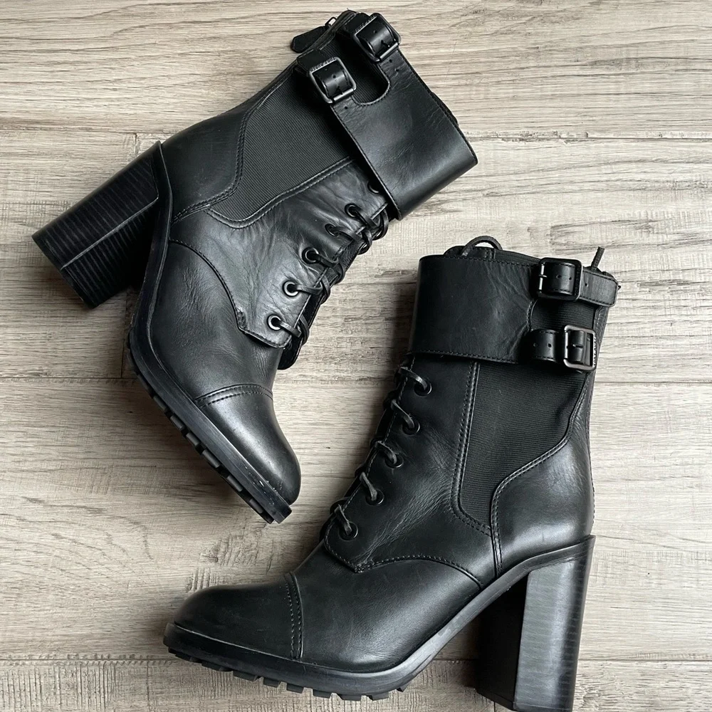 Tory Burch Black Broome Combat Boots Leather Lace Up With Ankle Strap SZ 10.5